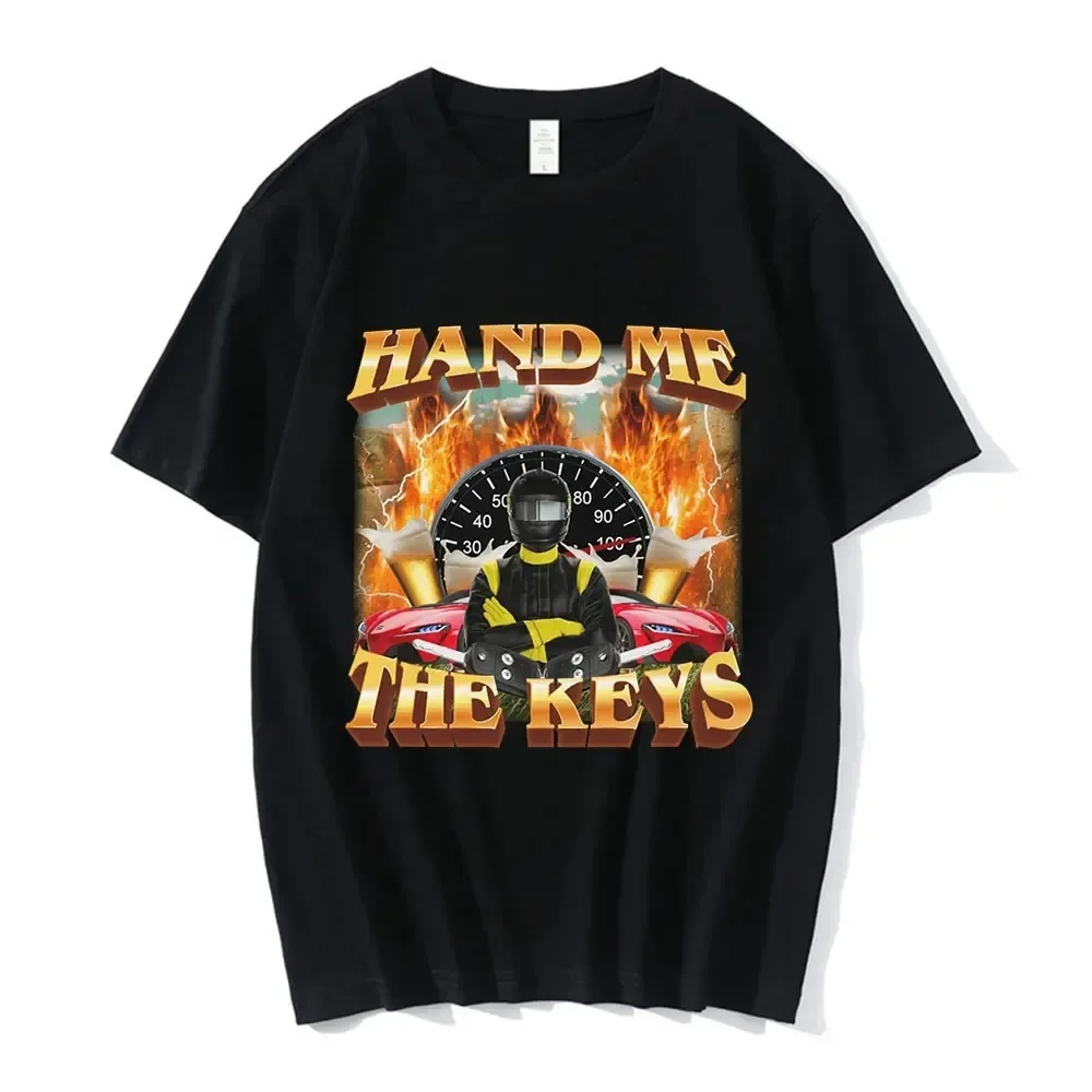 Men's Fashion Vintage Short Sleeves T-shirts Cotton Casual Oversized T Shirt Unisex Funny Hand Me The Keys Meme Graphic T-Shirt