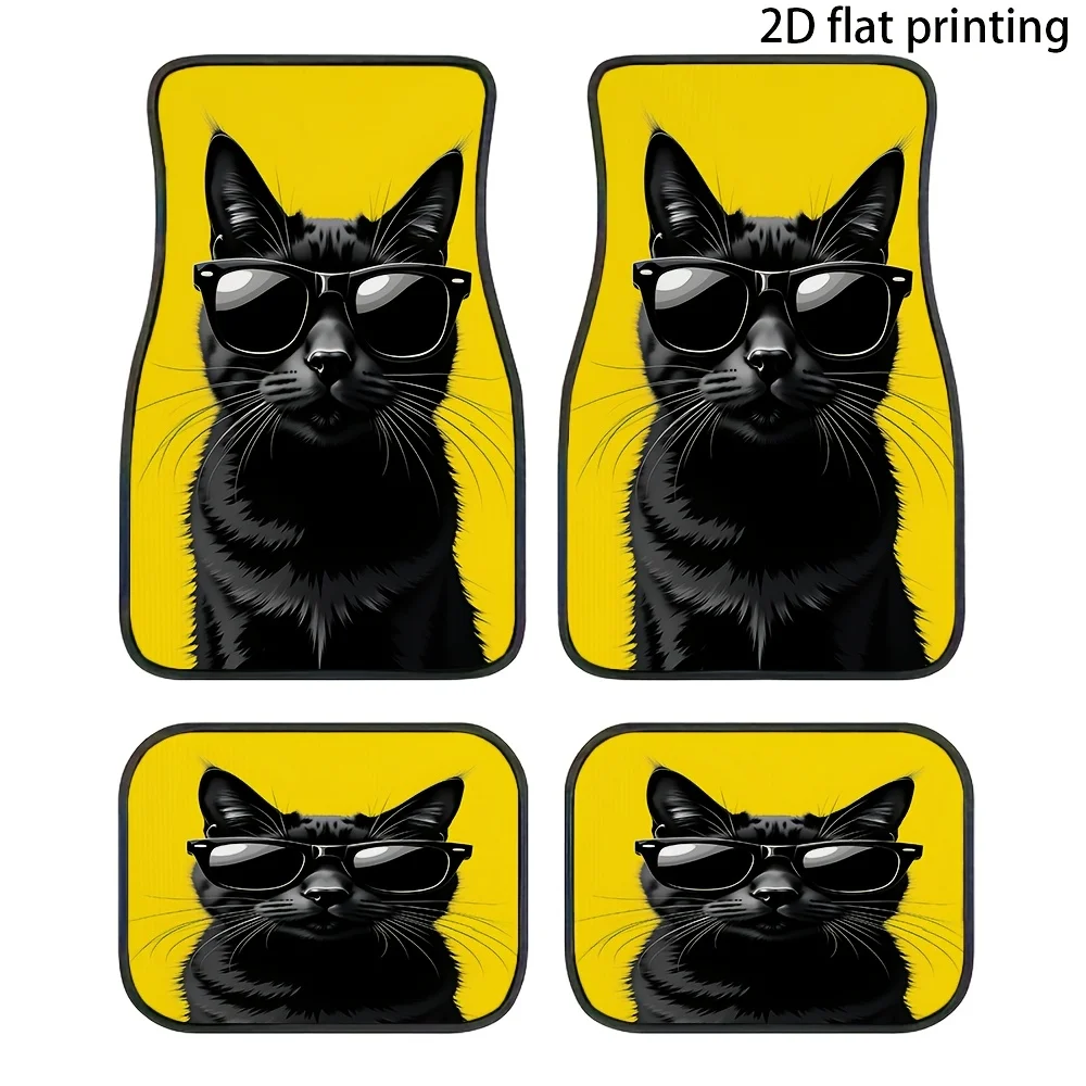 4pcs Car Floor Mats, Black Cat Fashion Glasses Fashion Pattern, Material, Universal Car Mats, Car Interior Accessories, All-Seas