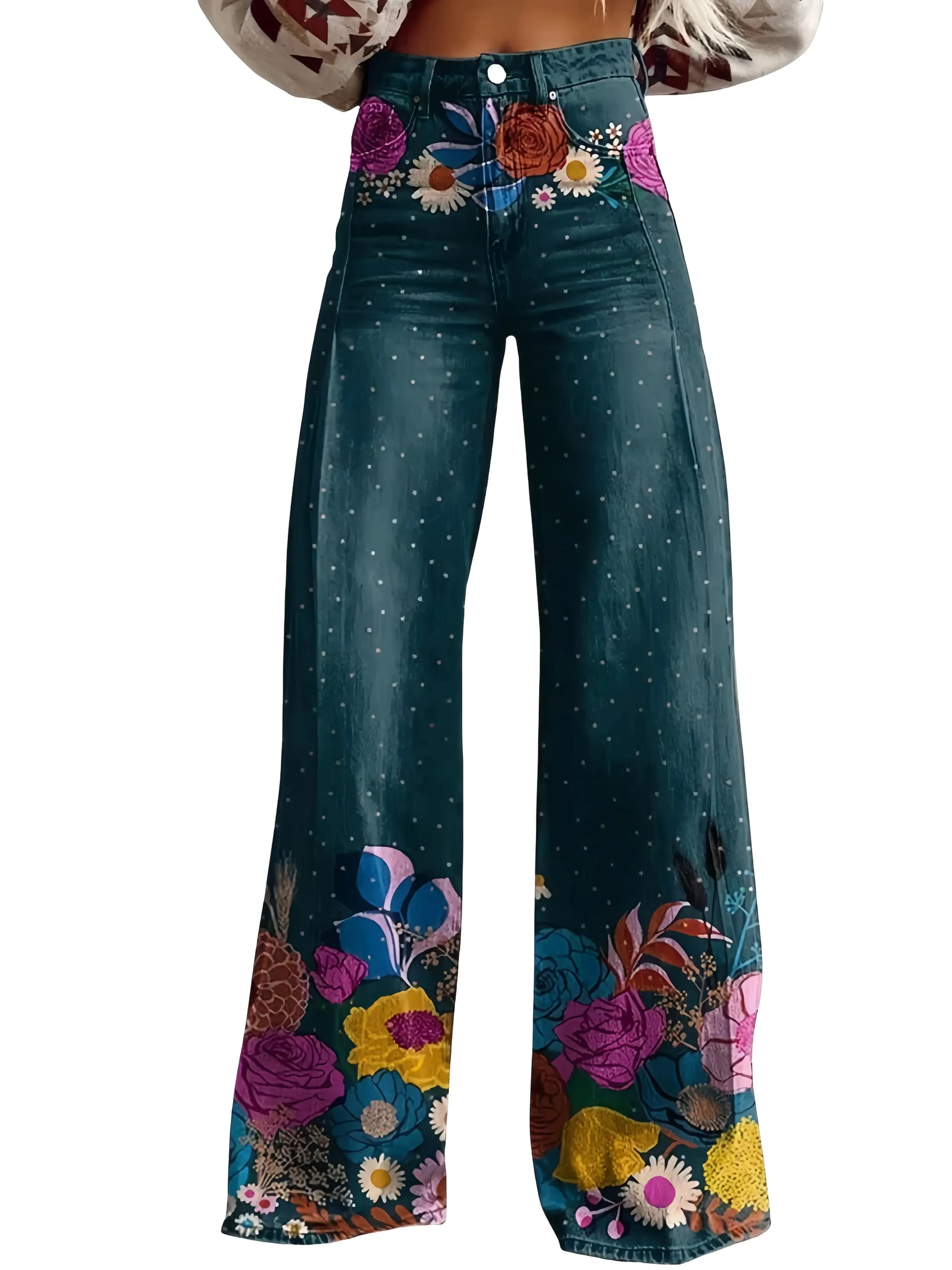 

Ladies Bohemian style blue printed wide leg jeans, Machine washable for daily wear in spring and autumn