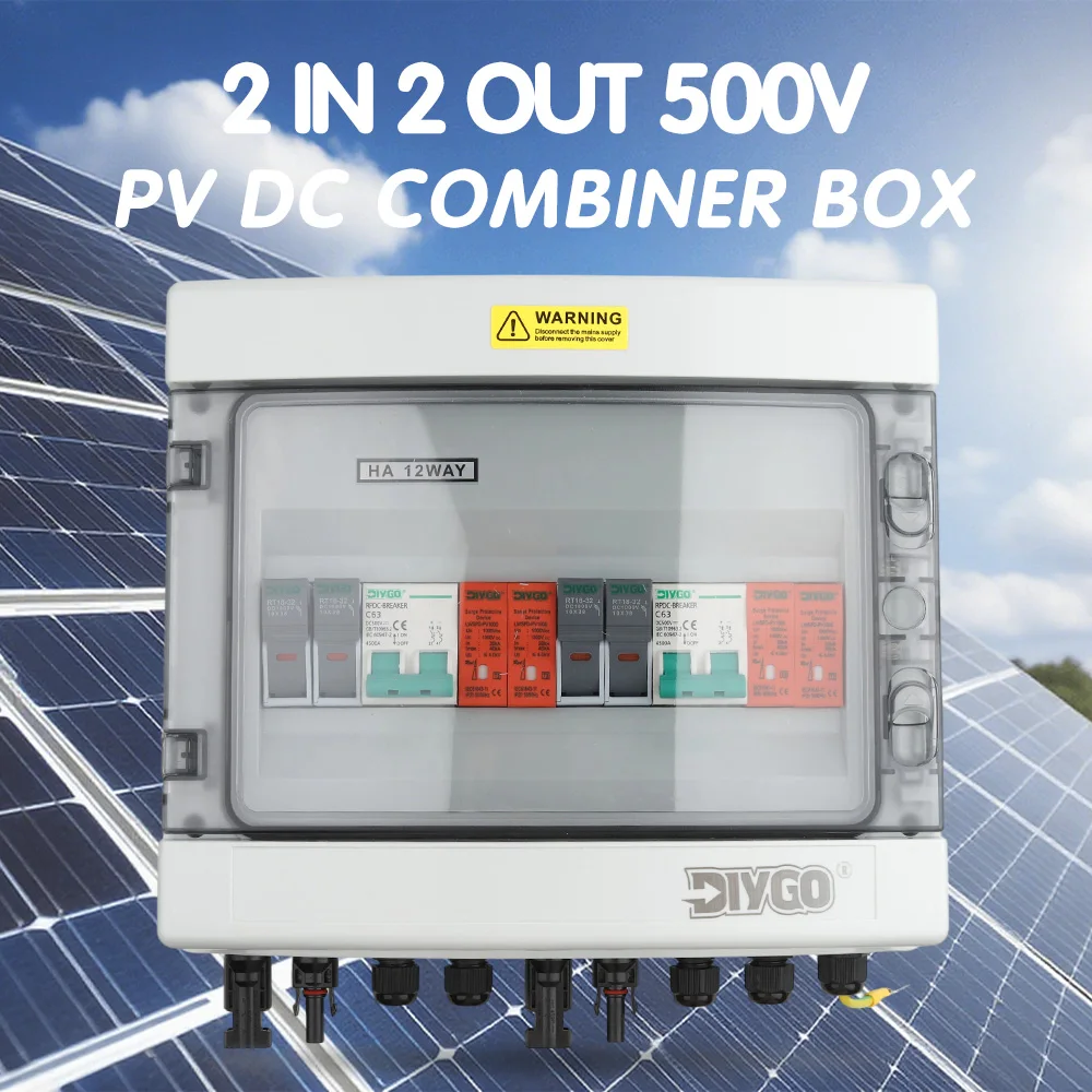

500V 2 In 2 Out Solar PV Combiner Box Surge Lightning Distribution Protection DC Fuse IP65 Waterproof 16/20/25/32/40/50/63 A