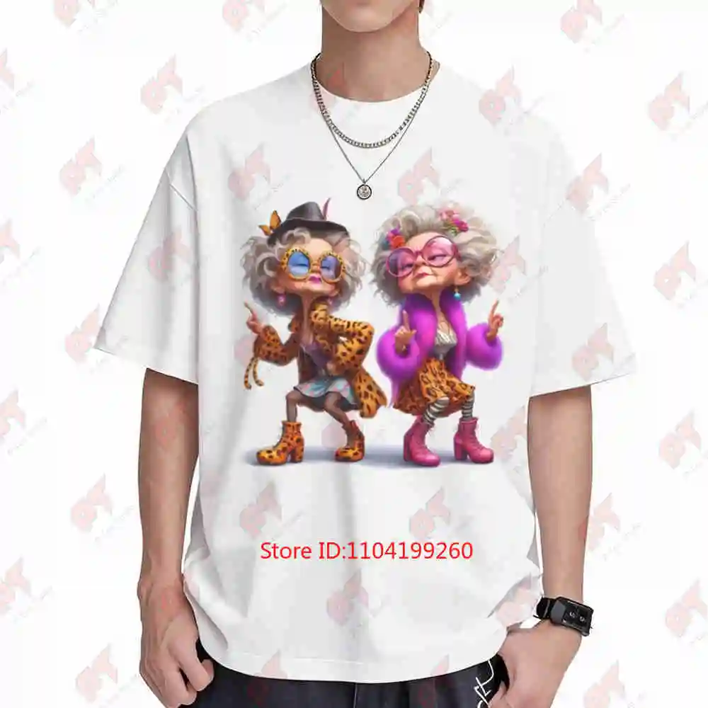 Playful Grandma Vibrant Cartoon Print Short Sleeve Tee 100% Cotton T-Shirt
