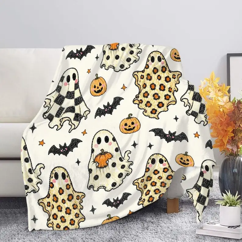 Cute Ghost Halloween Blanket, Cozy Spooky Ghost Throw Blanket, Buffalo Check Leopard Ghost Fleece Blanket, Cute Fall Halloween Gift