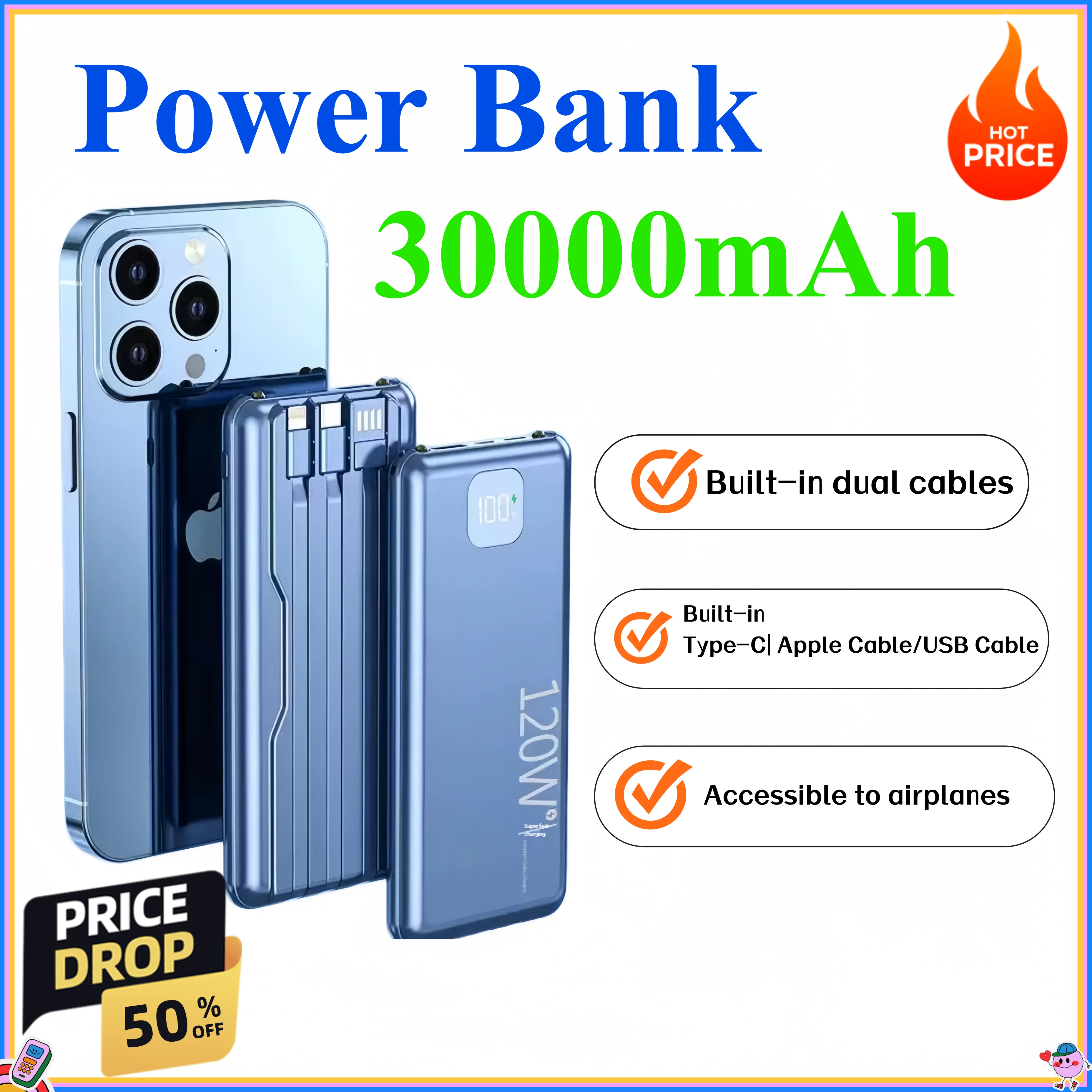 30000mAh 120W Ultra Capacity Power Bank Super Fast Charge Portable Battery Charger For IPhone Samsung 2026 New