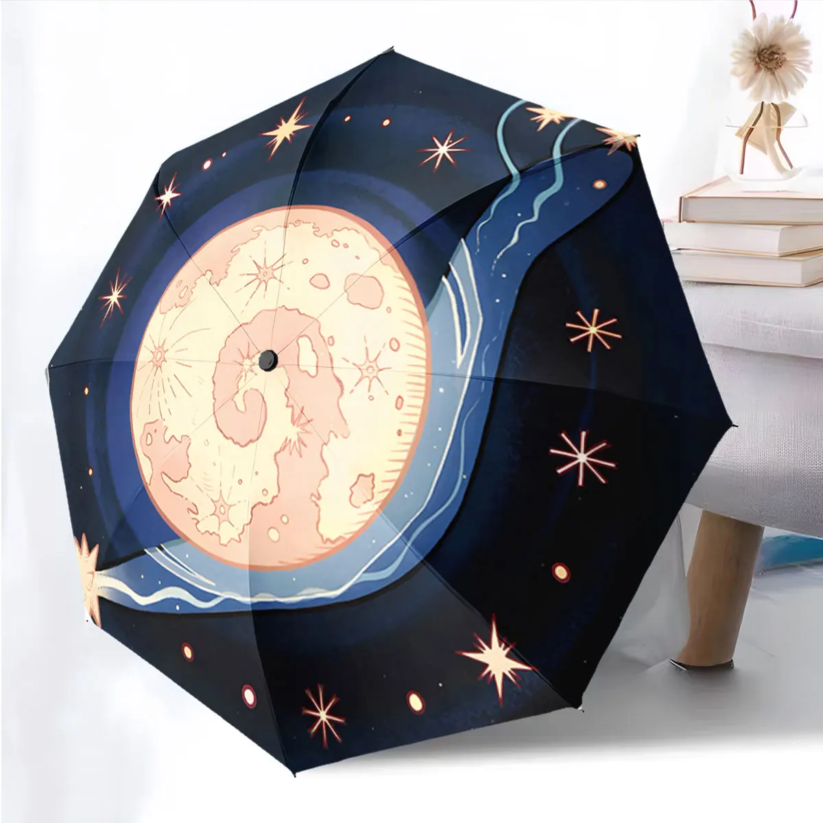 1PC Space-Inspired Umbrella Design with Celestial Motifs Print 8 Iron Ribs Folding Umbrella Auto-Open Fashion Sunshade