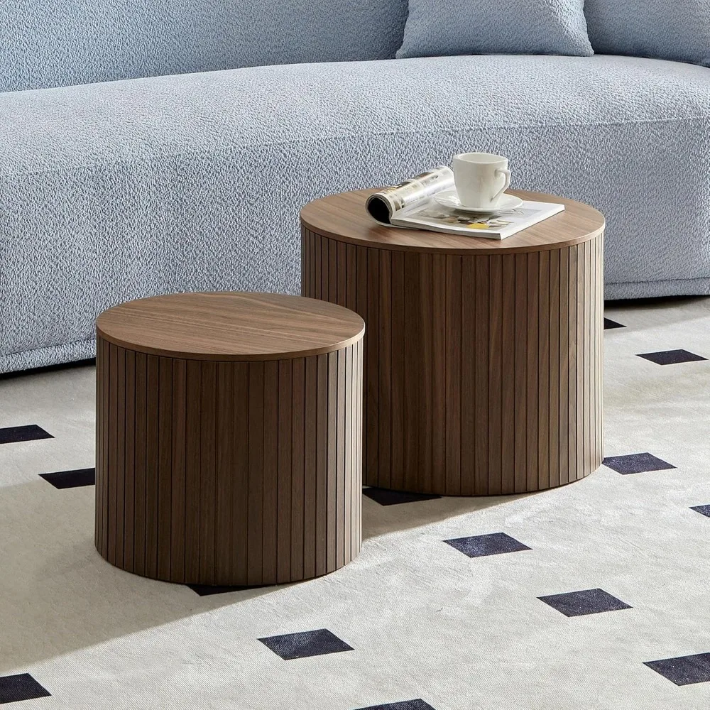 

19.17" Nesting Coffee Tables Set of 2, Modern Round Wooden Design with Storage,Fluted Natural Wood Veneer Coffee Table for Livin