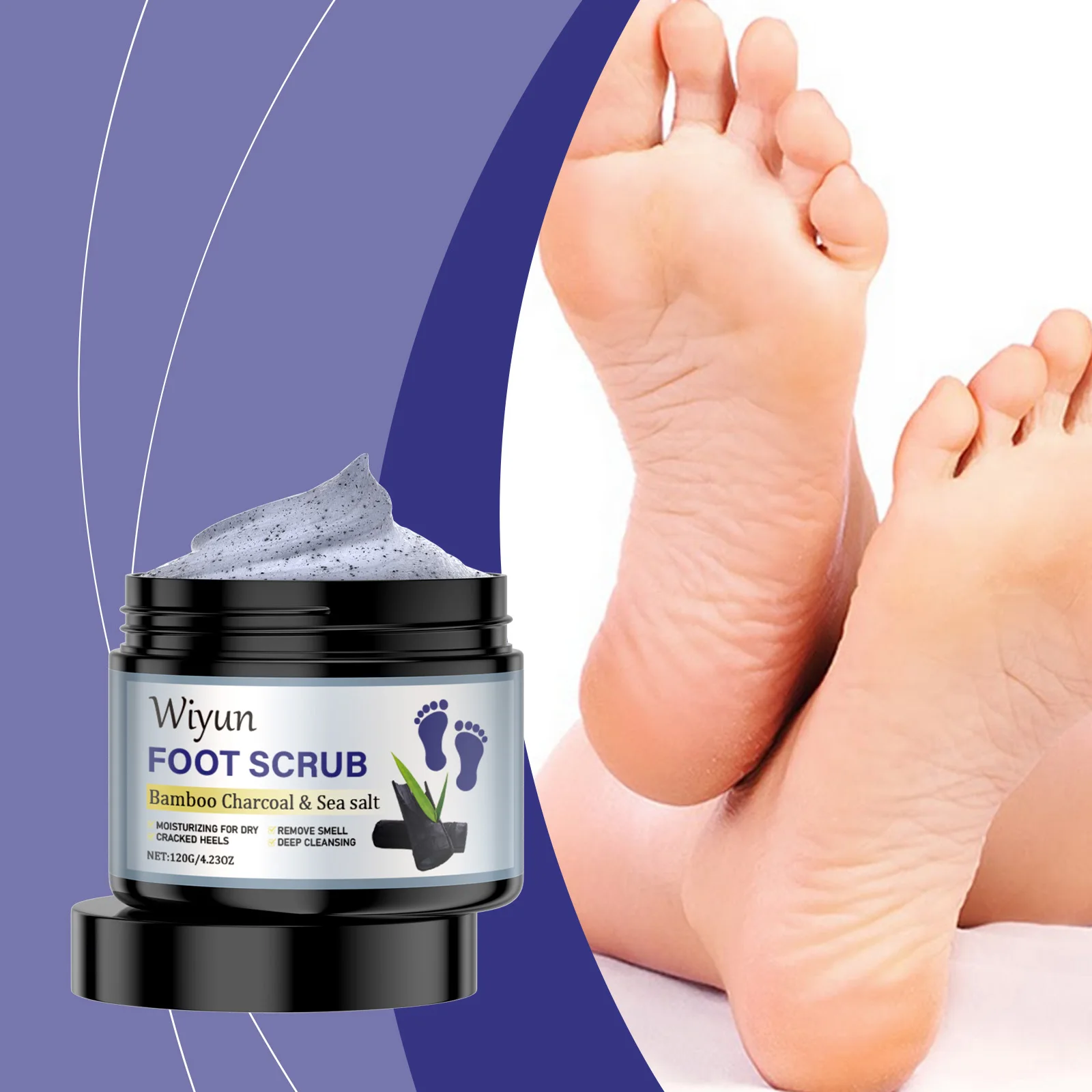 Bamboo Charcoal & Sea Salt Foot Scrub - Deep Cleansing Exfoliator for Dry, Cracked Heels & Foot Odor