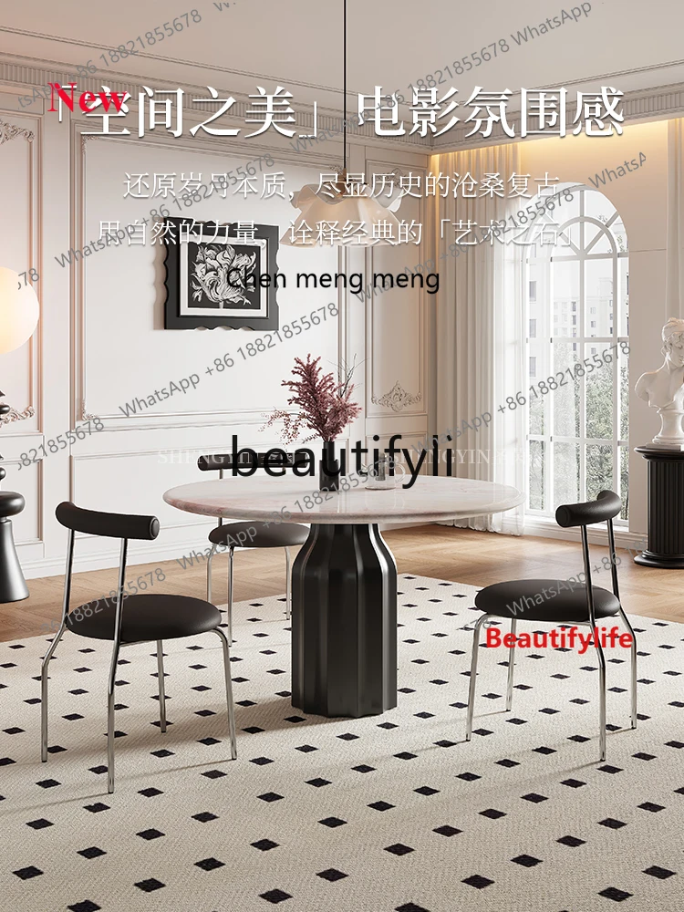 

A32 Pure Natural Rose Rainbow Marble Dining Table and Chairs French Round Luxury Stone Dining Table