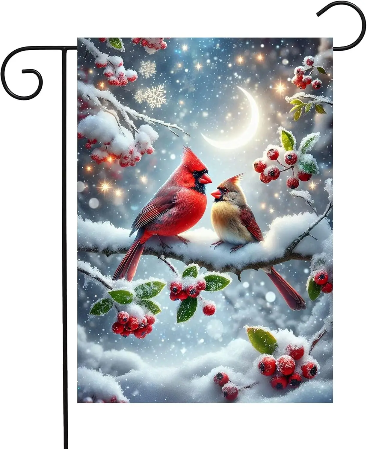 Cardinal Birds on Branch with Berries Moon Snowflakes Beautiful Winer Garden Yard Flag 12