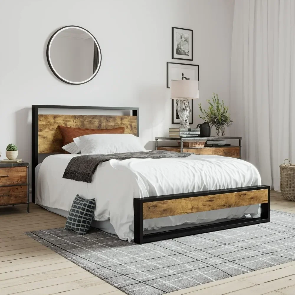 Bed Frame, Wooden Headboard, Heavy Duty Metal Platform No Box Spring Needed, Easy Assembly, Rustic Bed Frame