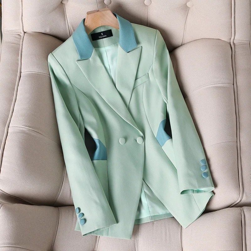 Splicing Color Women Suit 1 Piece Blazer V-Neck Cotton Full Sleeves Green Blue Formal Office Work Jacket Spring Prom Coat