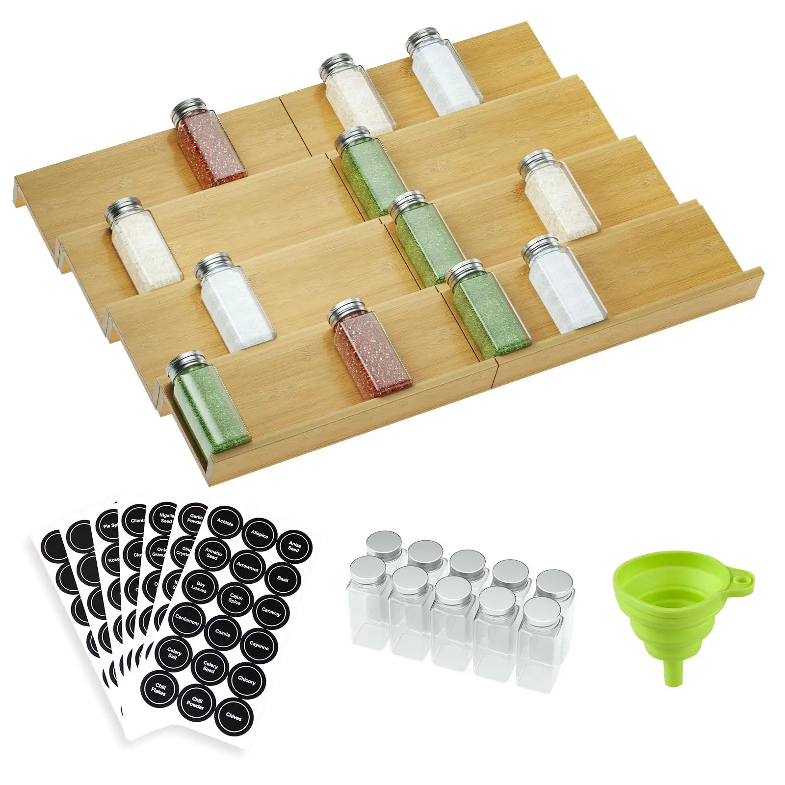 10-Piece Bamboo Spice Rack Drawer Organizer with 126 Labels & Funnel - Kitchen Storage Box for Spices, L26 W18.9