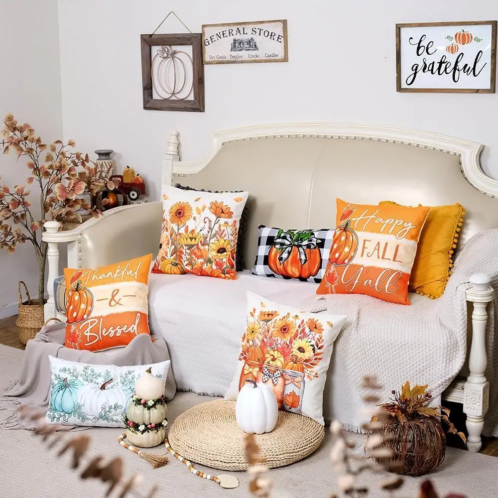 GEEORY Fall Throw Pillow Covers 18x18 Inch Set of 4, Pumpkins Floral Mason Jars Happy Fall Y'all Thankful & Blessed Orange Autum