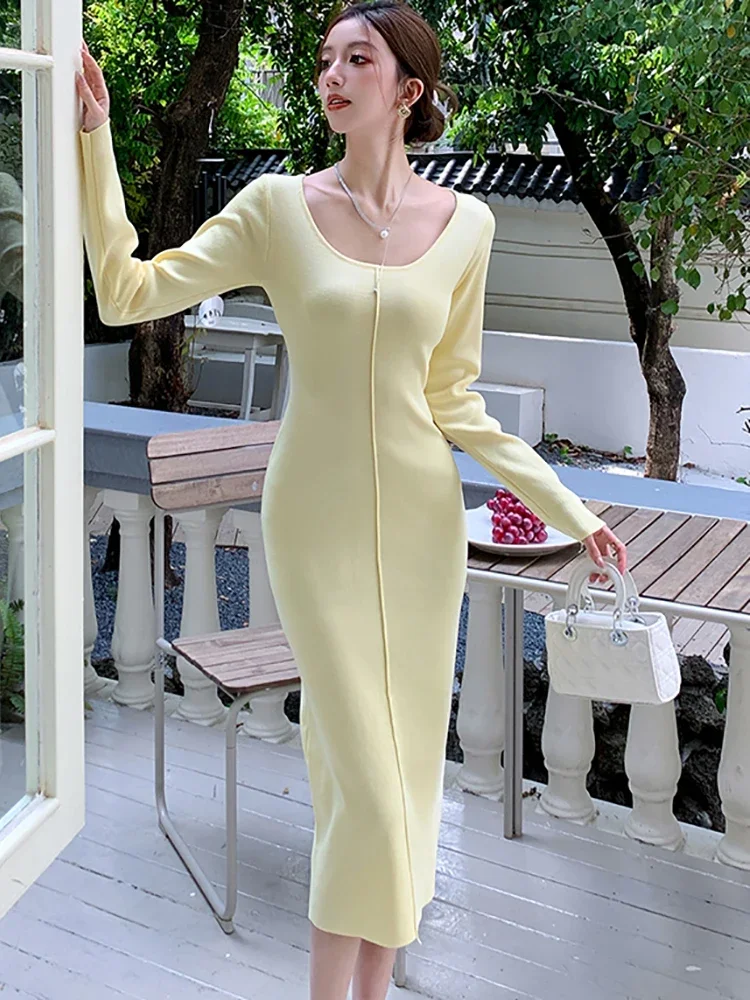 2025 الصلبة محبوك كم طويل فستان طويل غير رسمي المرأة أنيقة شيك سترة فستان الخريف الشتاء سميكة الدافئة فساتين السهرة الطرف