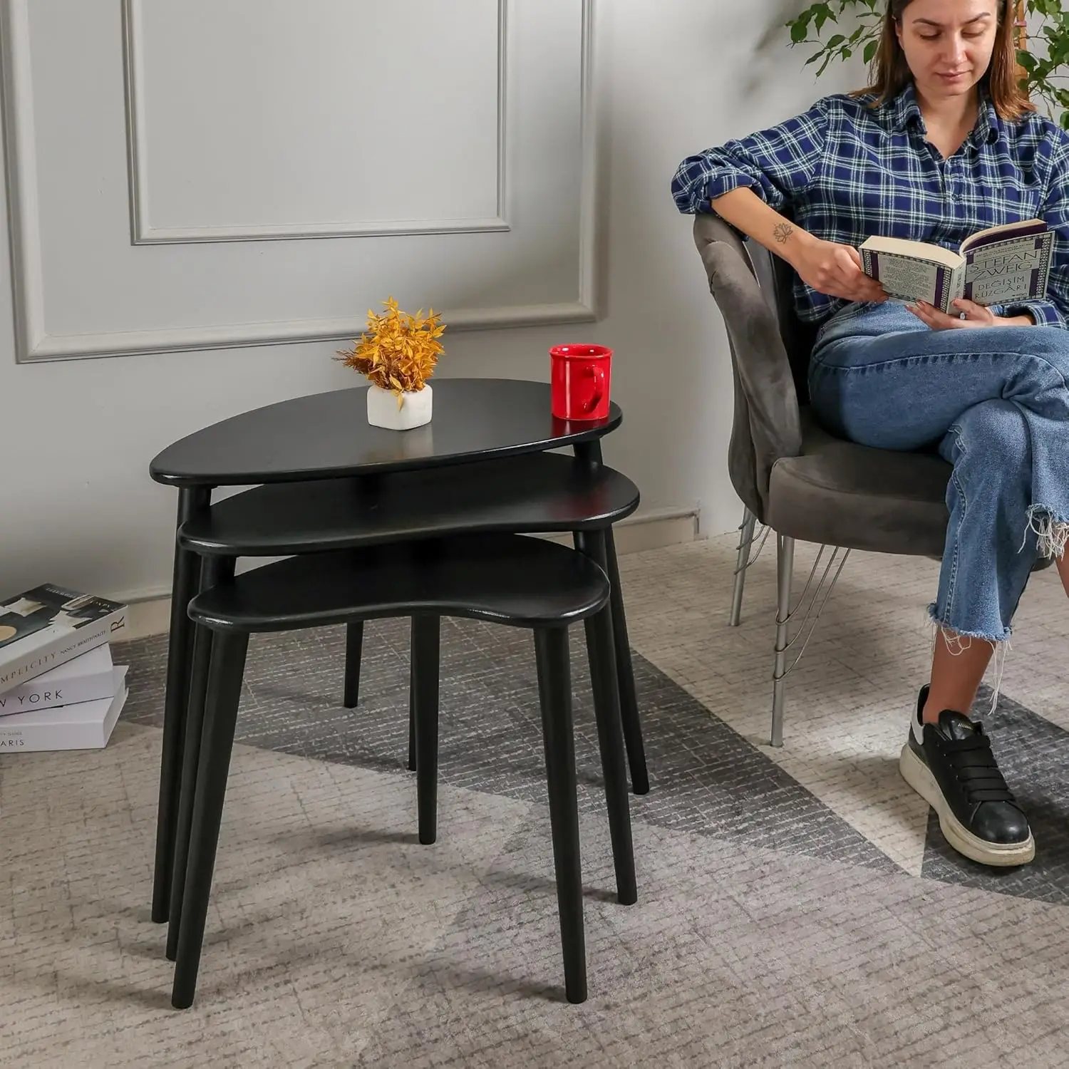 Solid Nesting Table Set Of 3, Birch Mid Pebble Tables With Wood Tapered Legs, Portable Modern Coffee Tables, Handmade Home