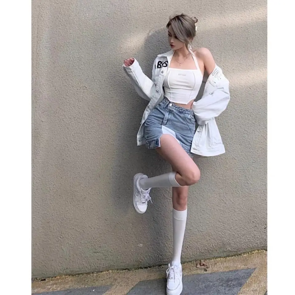 Korean Fashion Hotsweet Vintage Contrast Stitching Mini Denim Skirt Women Spring Summer Autumn High Waisted Slim Jeans Skirt