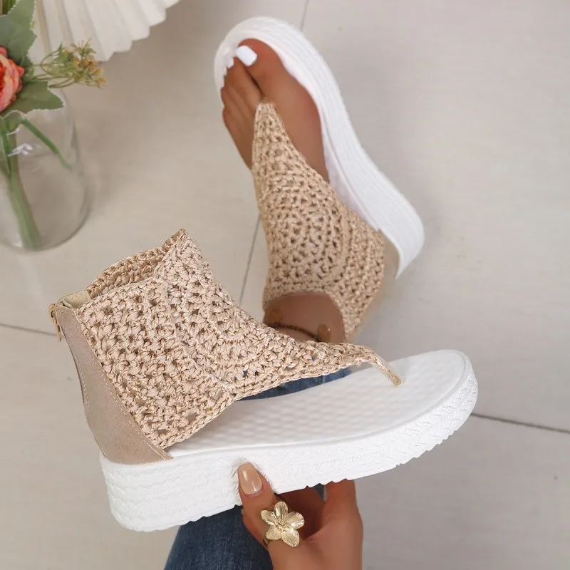 

Thick-soled, Limp Heel, Slip-on, Back-buckle Style Woven Fashionable, Versatile, Comfortable and Slip-resistant Women's Sandals