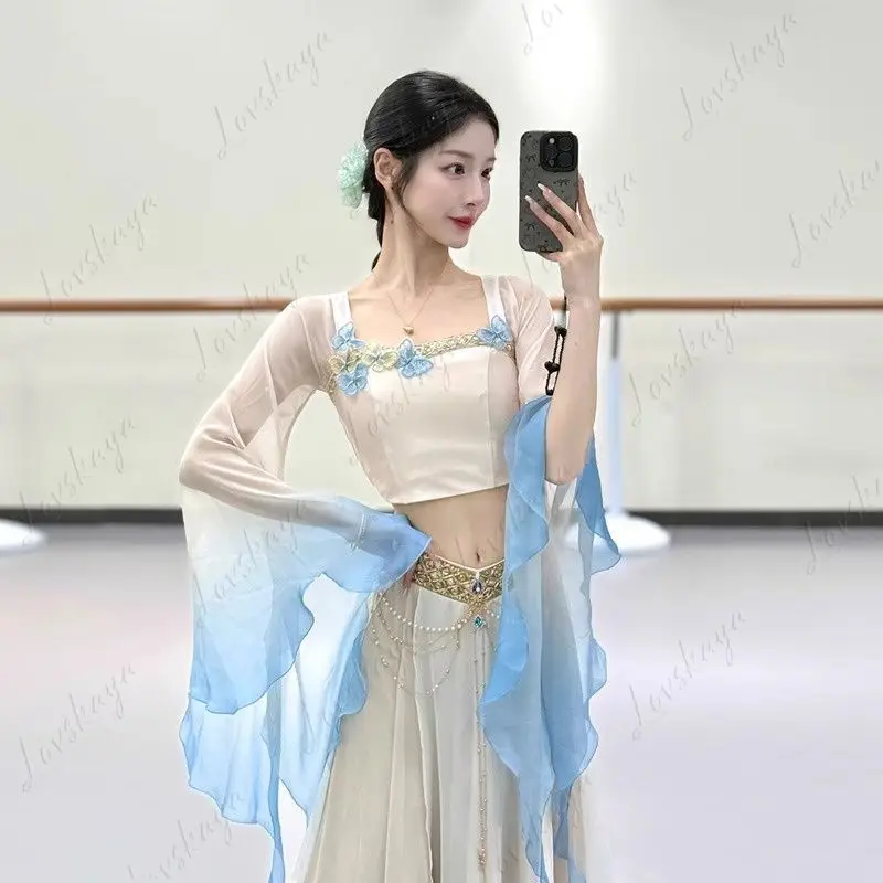 고전 무용 의상 우아한 요정풍 큰 치마 고대 스타일 공연 의상 이국적인 둔황 스타일 싱글 탑 엘라스테인