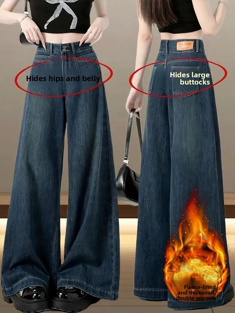 

Джинсы женские зимние больших размеров на флисовой подкладке, с высокой талией, прямые, широкие штанины, повседневные, удобные, дышащие