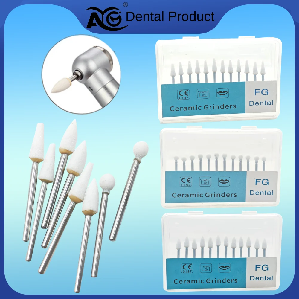 AG 12Pcs/Pack Dental Polishing Stone Handpiece Burs FG Cone Flame Dentist Teeth Whiting Dentist Tools Ceramic Grinders Care