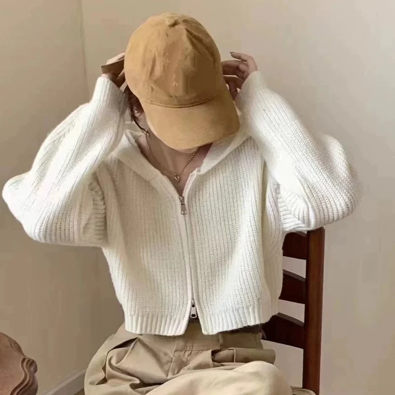 

Вязаный свитер для женщин весной и осенью, мягкий и универсальный, корейский свободный короткий свитер, вязаный кардиган на молнии.