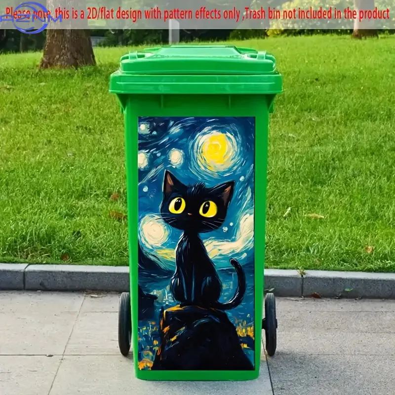 1pc Big Eyed Black Cat Under the Starry Sky 2D Flat Trash Can Sticker, 37.01x 81.99cm, Glossy PVC, Creative Galaxy Style Wall view 5