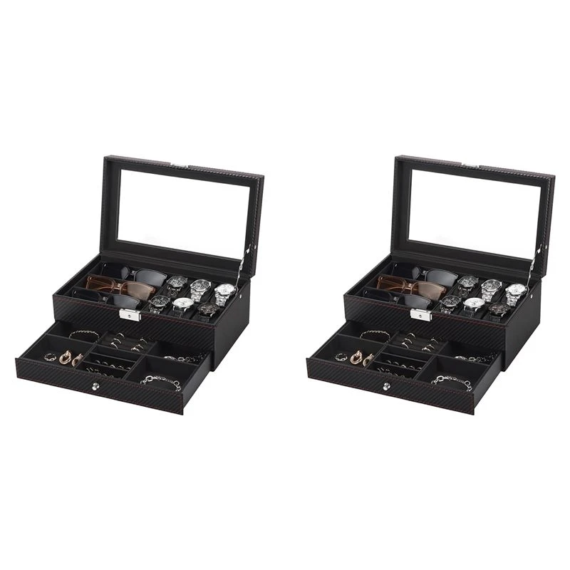 2X Watch Box, Mens Jewelry Box With 6 Slot Watch Case & 3 Slot Sunglasses Organizer, 2 Layers Lockable Watch Holder