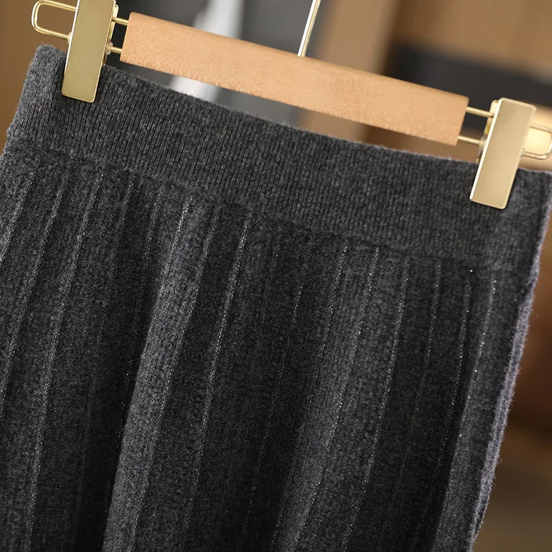 ANGEL 100% Merino Wool Skirts Women's Office Lady Fashion Bright Silk pleated Skirt Autumn Winter Thick Elastic Waist Long Skirt
