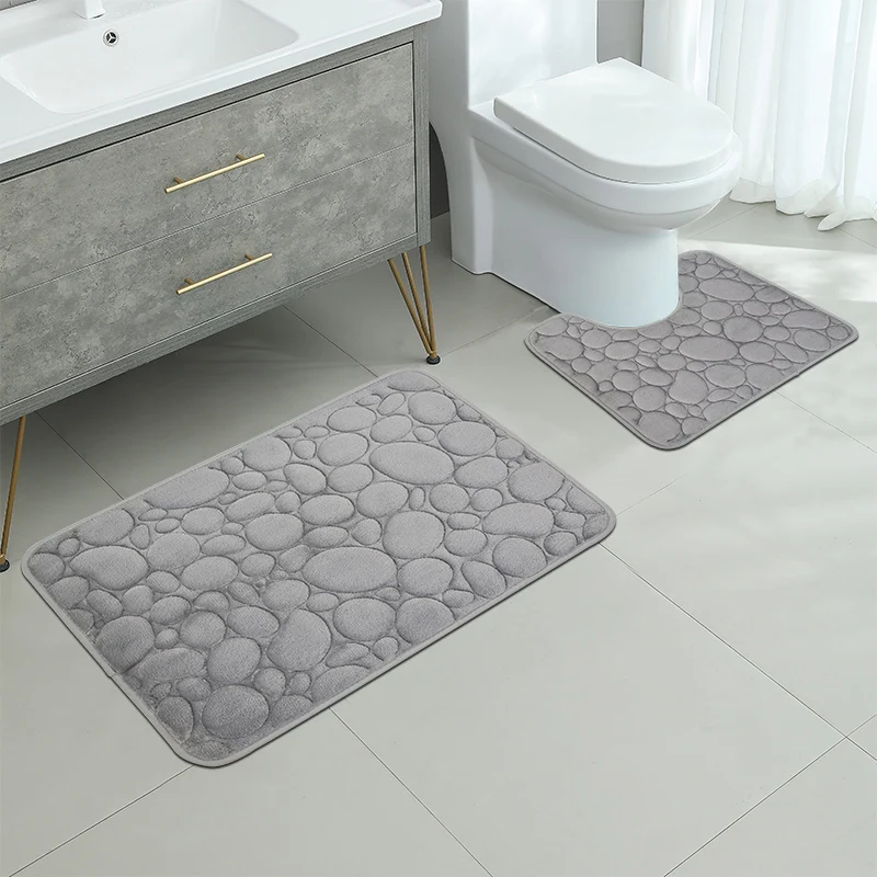 Embroidered Pebble Coral Velvet Floor Mat, Bathroom Carpet, Bathroom U-shaped Sponge Absorbent Foot Mat, Door Mat, Two-piece Set