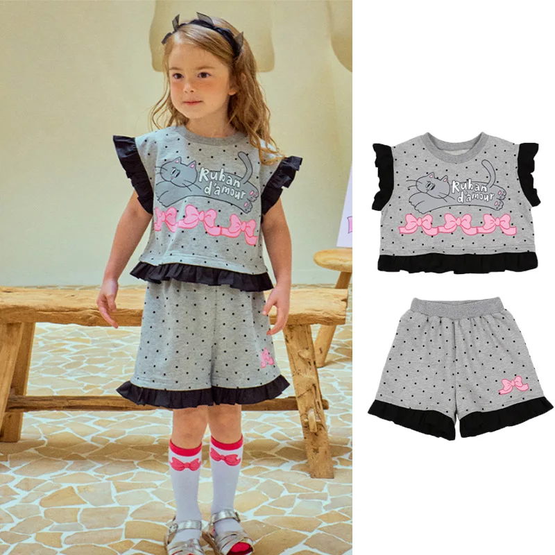 

Children's Suit 2025 Summer New Toddler Kids Girls Clothes Cute Bow Polka Dot Short-sleeved Top and Shorts Suit