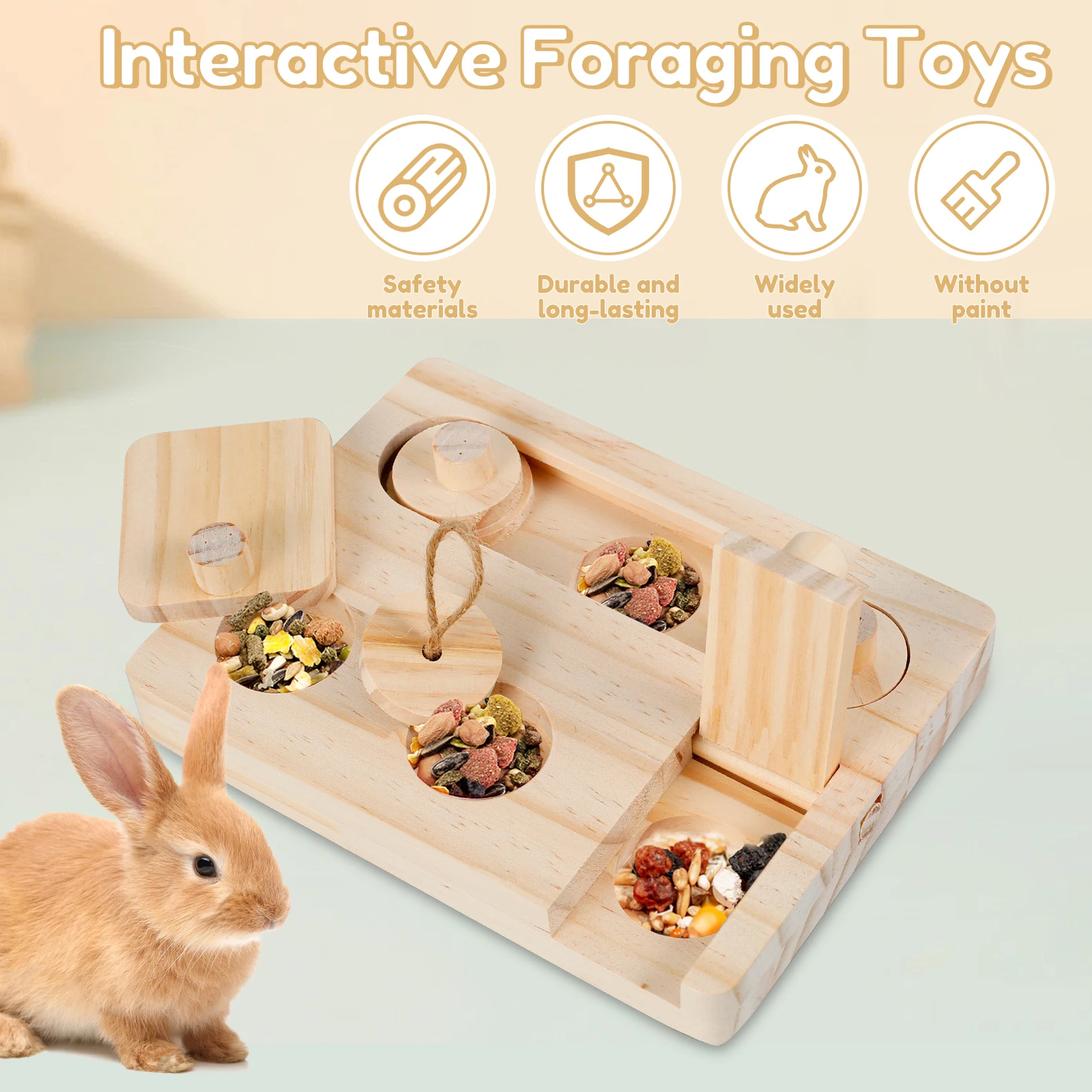 Wooden Small Pet Foraging Toy 6 In 1 Interactive Puzzle Treat Dispenser Chew Feeding Toys for Hamsters Guinea Pigs Rabbits