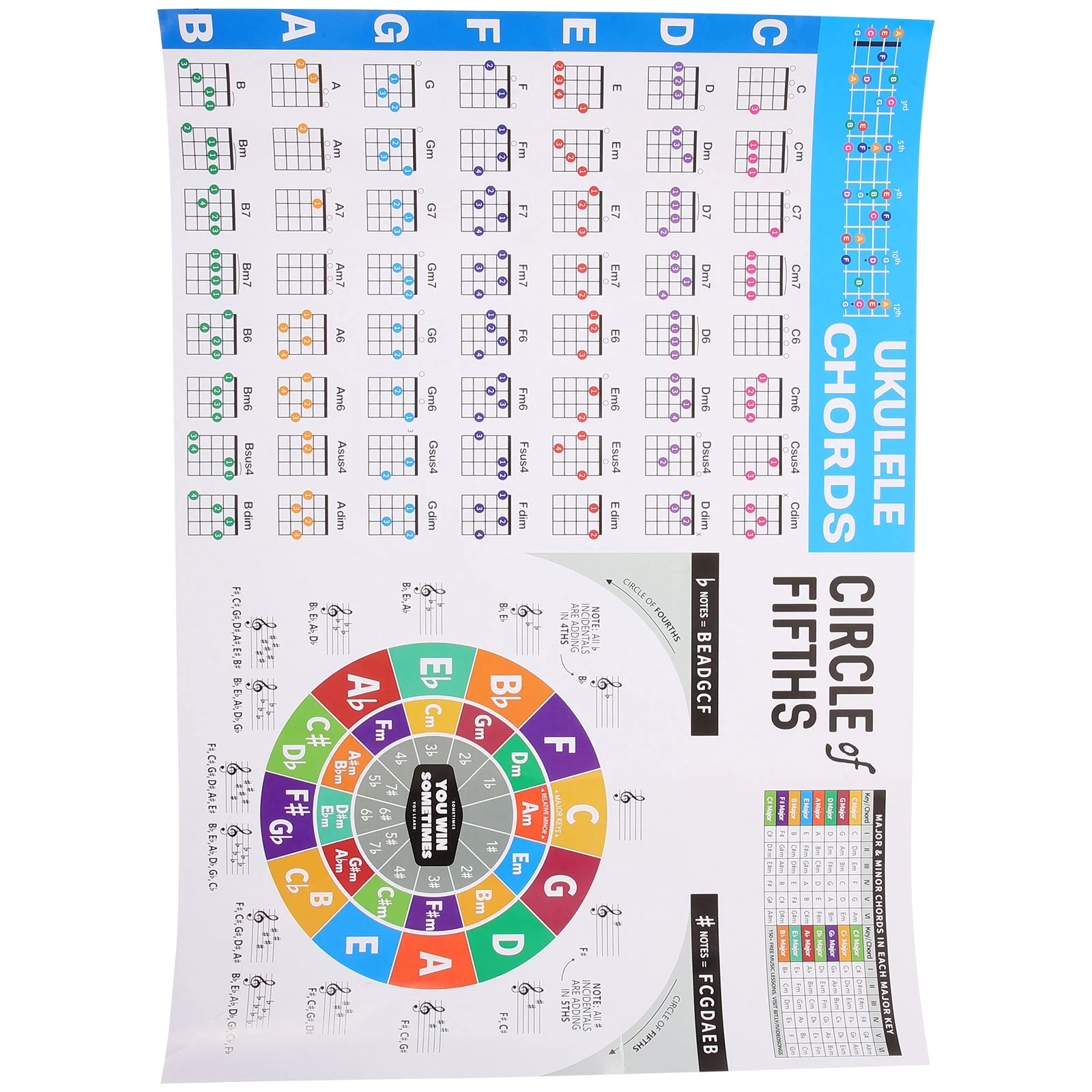 Ukulele Chord Tablature Piano Stickers Chart for Beginner Music Theory Portable Poster Paper Coated Large