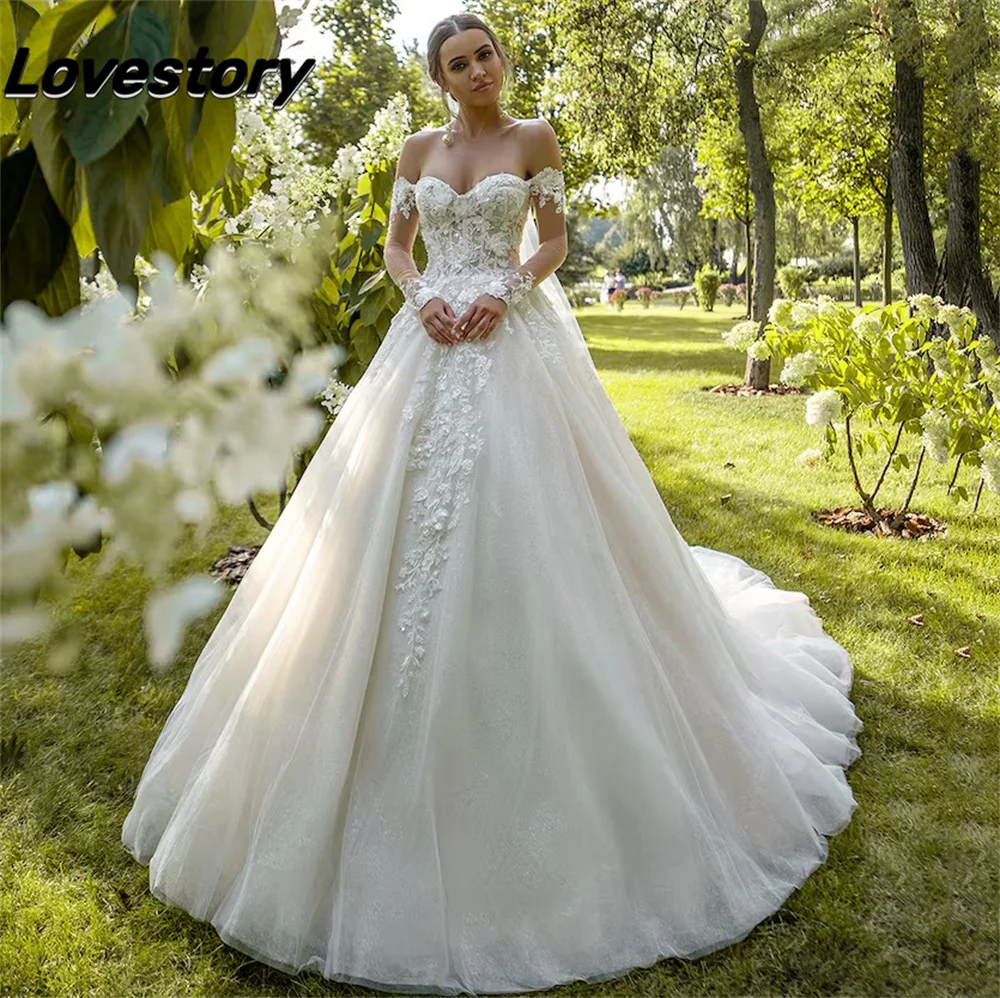 Il più nuovo abito da sposa principessa Sweetheart una linea Tulle trasparente perline abito da sposa donna pizzo Applique abiti da ballo robe de mariée