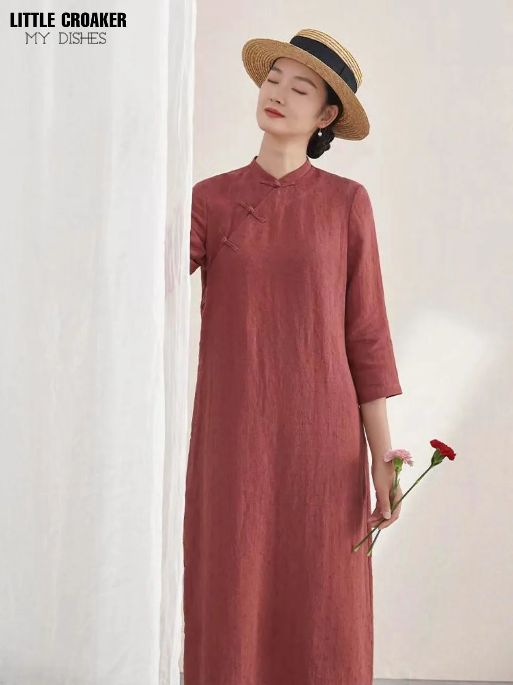 Cotton Chinese and Hemp 2023 Spring/Summer New Cotton Cheongsam and Hemp Art Retro 3/4 Sleeve Dress Women\'s Improved Qipao Women