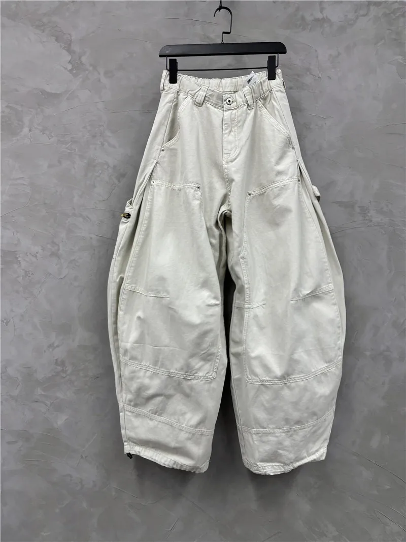 Design Sense stiksels ruches overall herenmode trend losse wijde pijpen casual broek matje broek