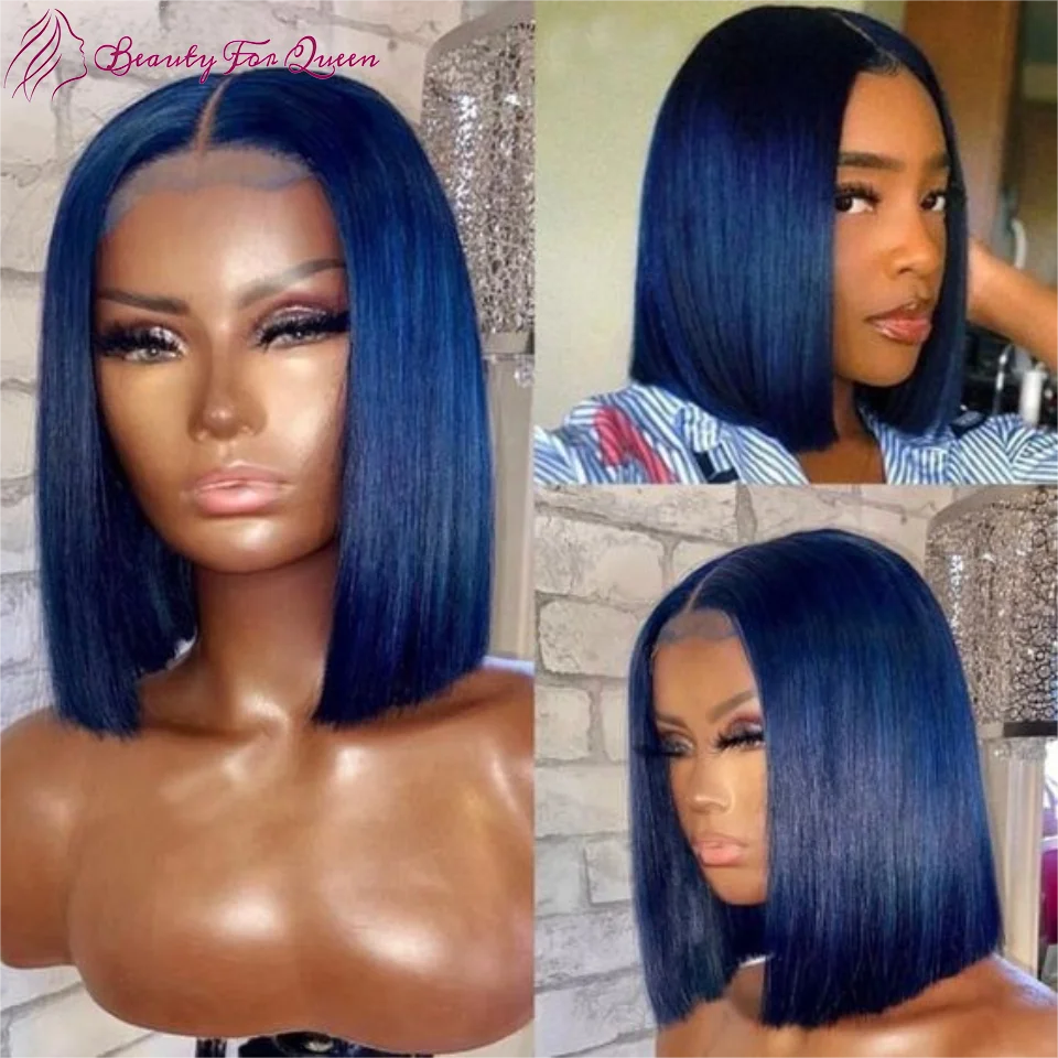 180% Density Short Bob Wig Dark Blue Colored Lace Frontal Wigs Human Hair Transparent Lace Front Wig Glueless Wig For Women