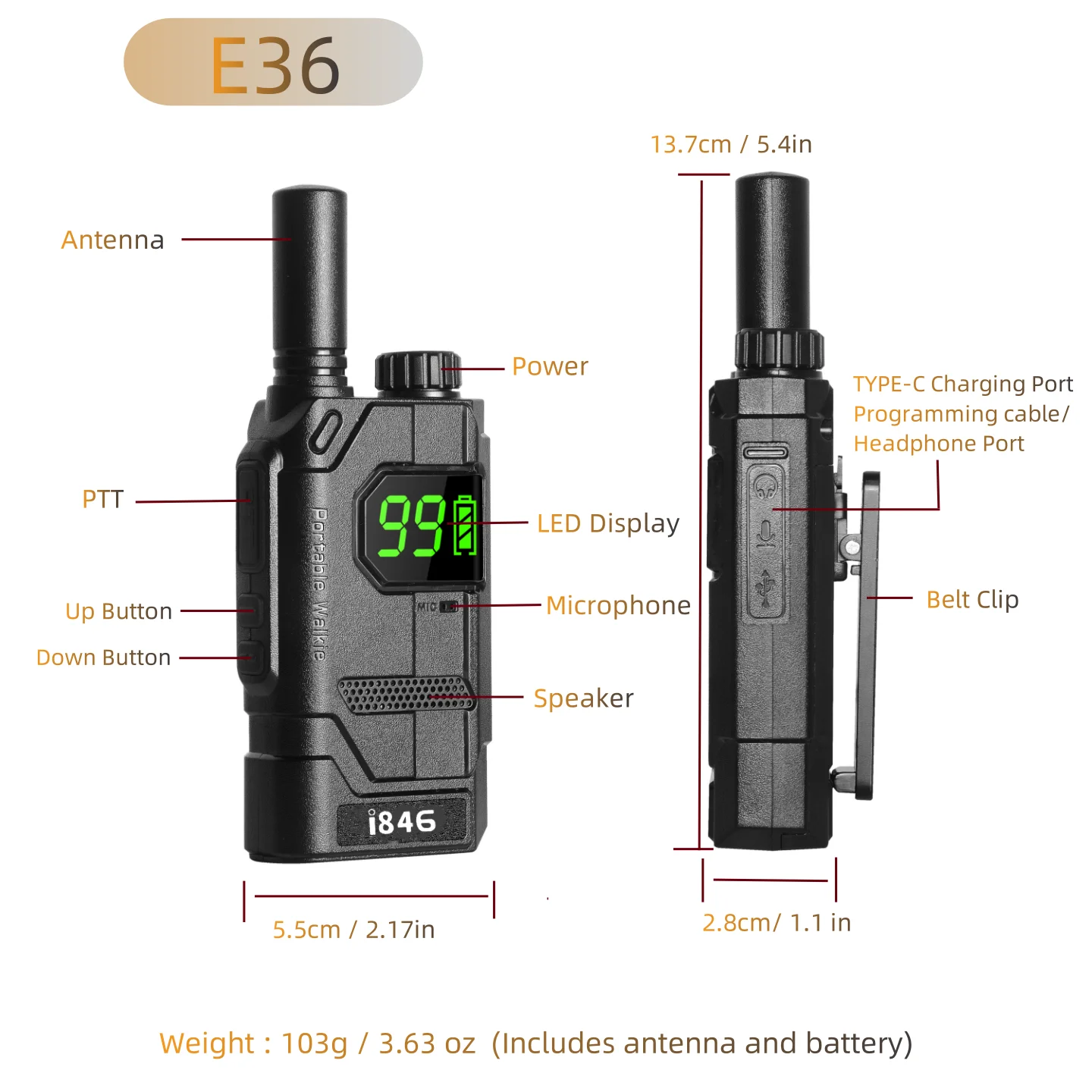 Display de LED sem licença FRS462-467MHz PMR 446mhz Mini Walkie Talkie Pass Through FCC CE Rohs REACH E36 Handheld Two Way Radios