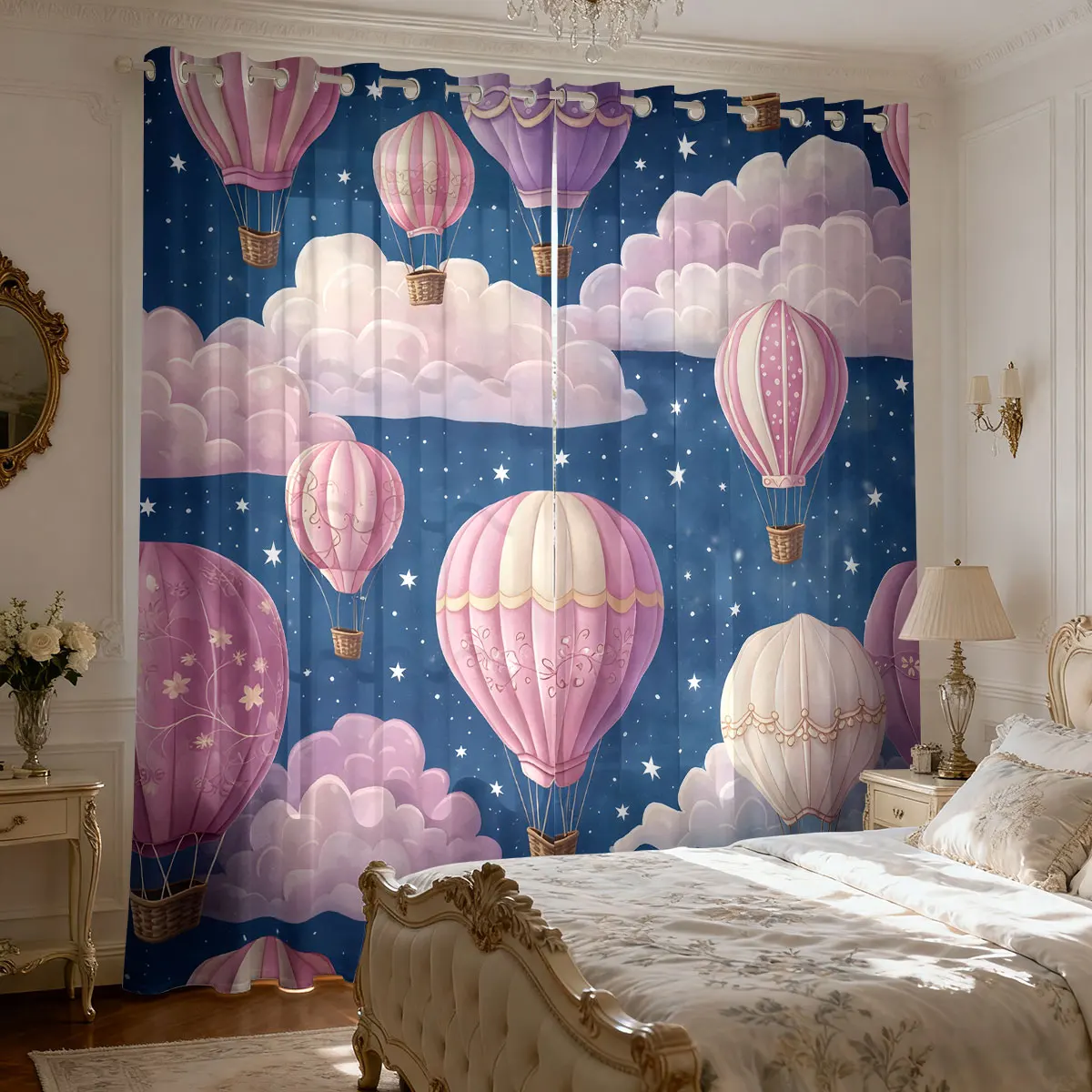2pcs Romantic Hot Air Balloon Print Curtains 90g Bedroom Living Room Filter Curtain Multi Size Home Decoration Easy Installation