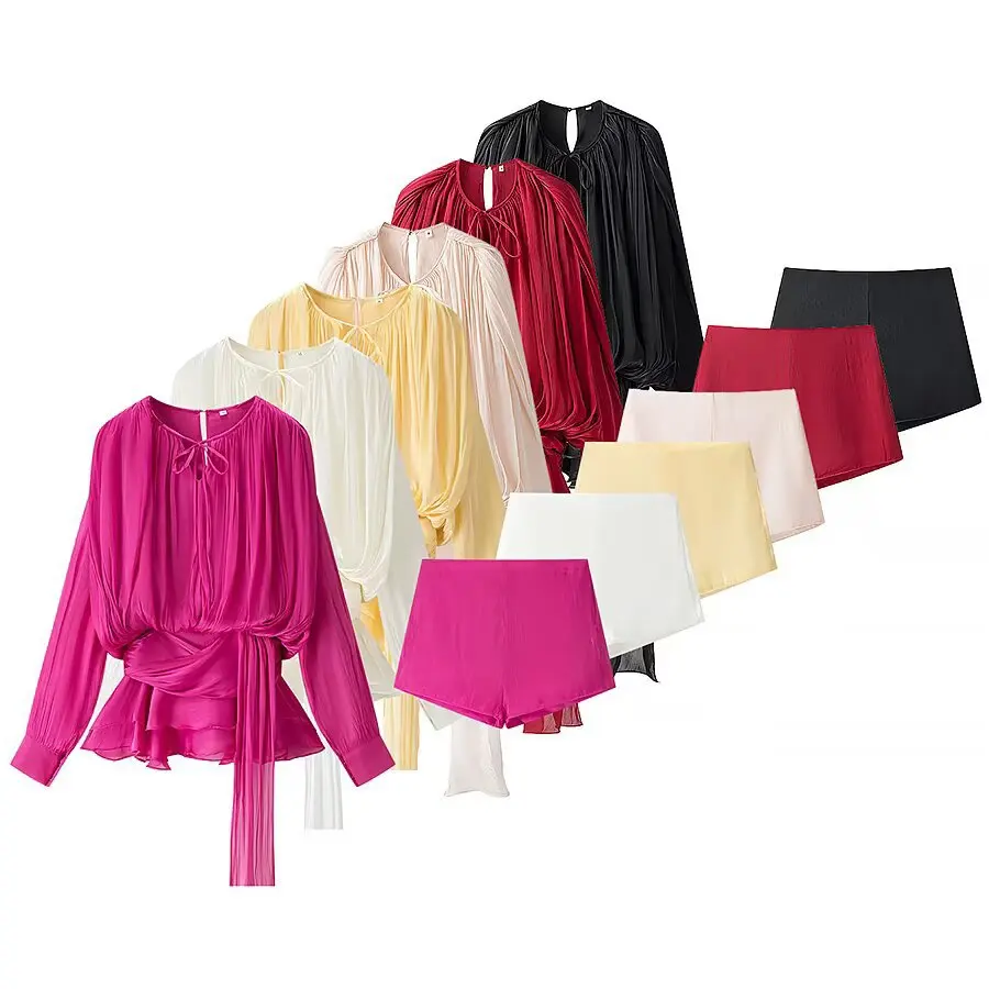 

2025 Autumn Women Two Piece Short Set Long Sleeve Pleated Low Waist Blouse+Mini Dress with Shorts Beach Party Dresses Vestidos