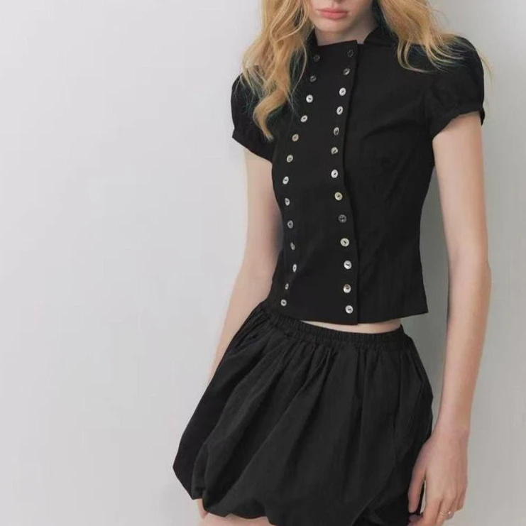 Black Vintage Shell Double-Breasted Bubble Sleeve Short Sleeve Shirt Women's 2026 Spice Girl Slim Top