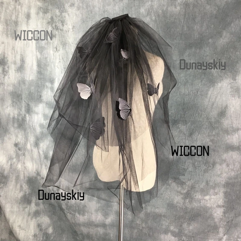 Gothic Black Veil 75cm Halloween Bride Cosplay Lolita Detachable Butterflies Vintage Lace Dark Wedding & Valentine's Day