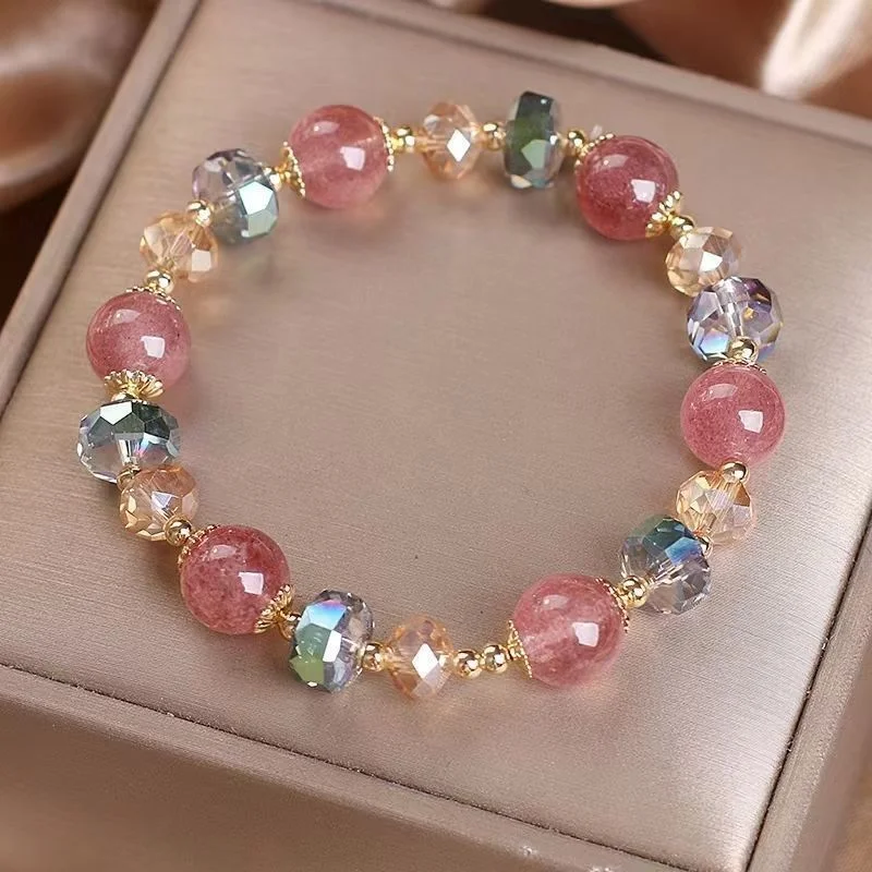 Fashion Natural Strawberry Crystal Bracelets For Women Light Luxury Pink String Beaded Elastic Bangles Party Jewelry Gift