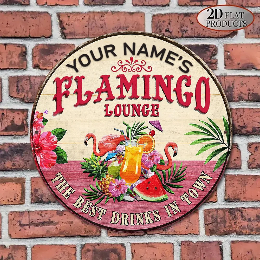 [2D Flat] 1pc Custom Name Flamingo Lounge Metal Sign Tropical Fruit Cocktail Patio Bar Wall Decor (Only For Decoration)