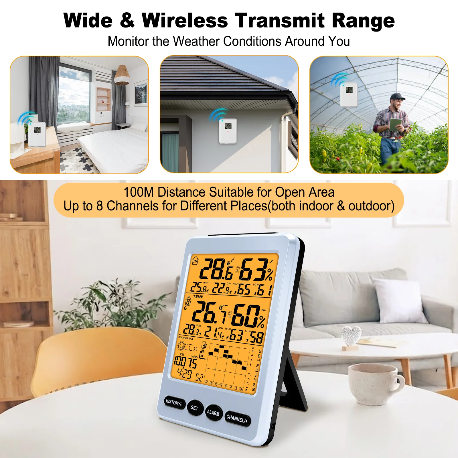 Wireless 8-Channel Weather Station with Backlight Temperature Humidity Monitor Weather Forecast For Home Multi-Zone Monitoring