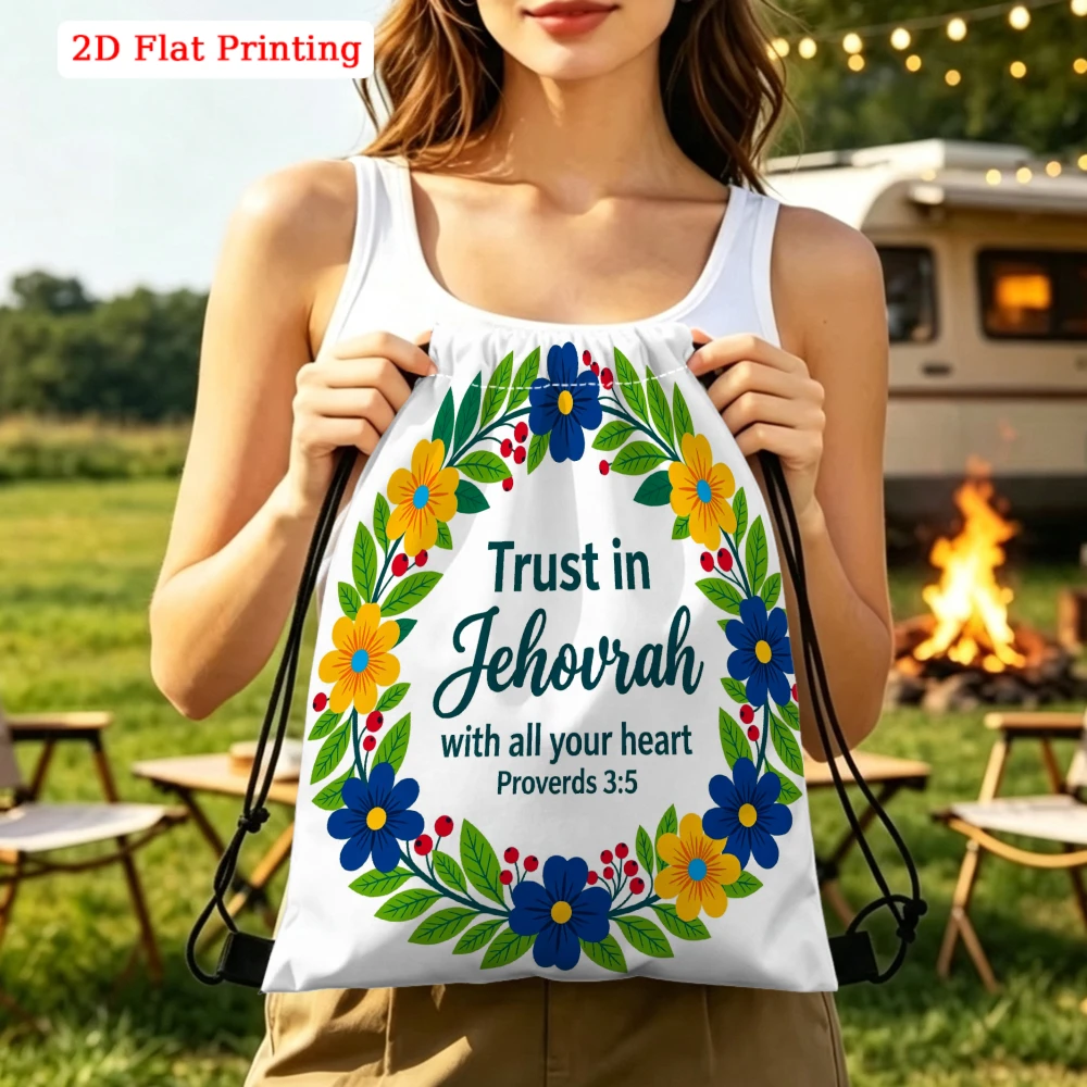 Floral Style, Drawstring Backpack, Trust In Jehovah Proverbs 3:5 Bible Verse Print, Gym Sports Bag, Outdoor Travel Cinch Sack