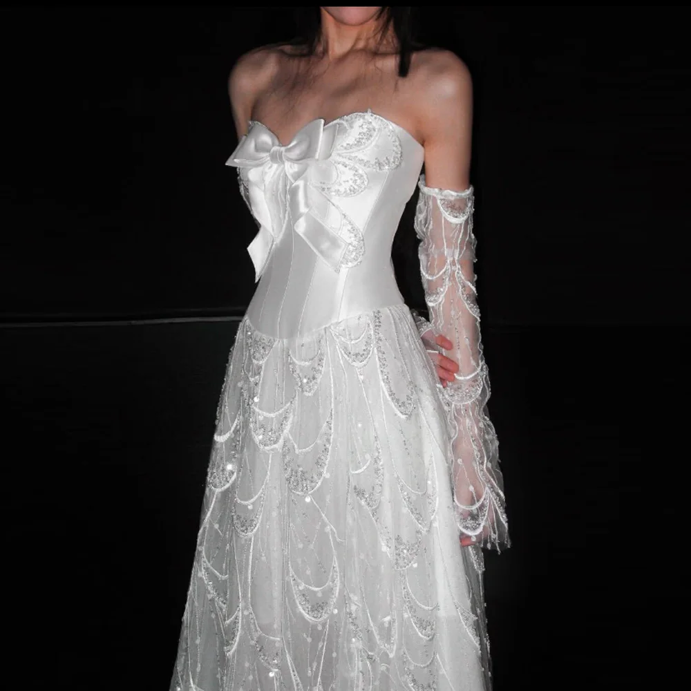 Customized Princess White Strapless Bow Corset Wedding Dress Beaded Lace Off Shoulder Sleeve Maxi Formal Bridal Gown For Women