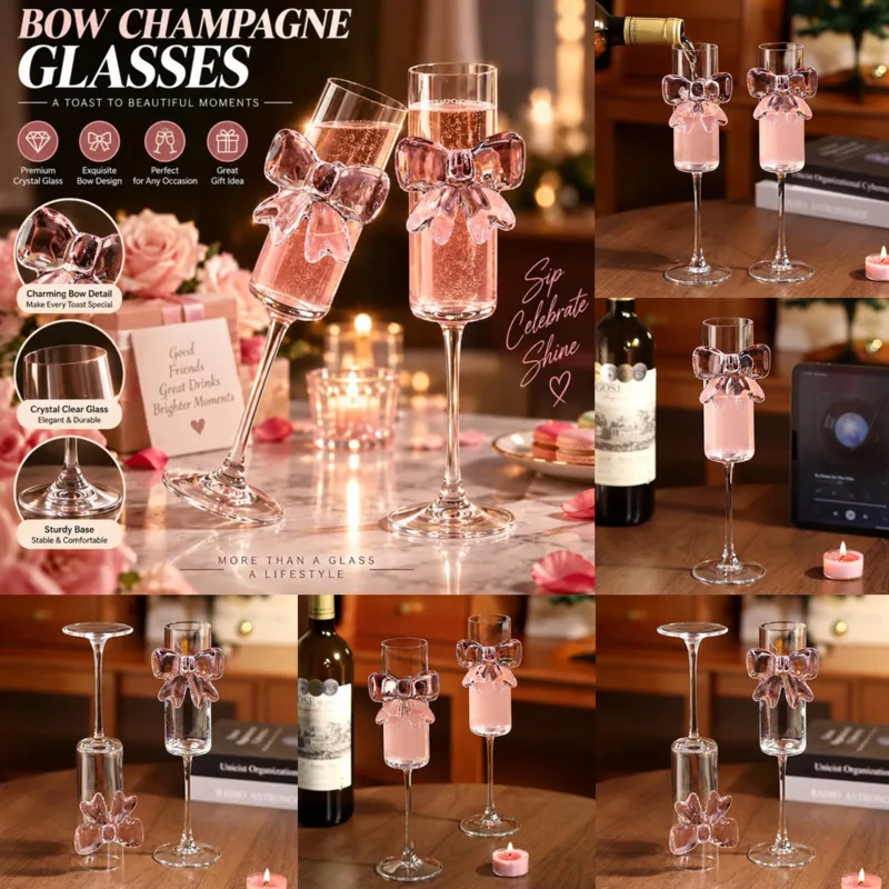 Wedding Bow Y2K Wine Glasses Cute Pink Champagne Flutes, High Stem Crystal, Cocktail Cup Party Cup Glasses Home Decor Gift New