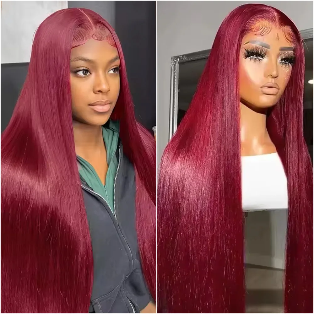 

200 Density 99j Burgundy 13x6 Bone Straight Lace Front Human Hair Wig 13x4 HD Transparent Lace Frontal Wigs PrePlucked For Women