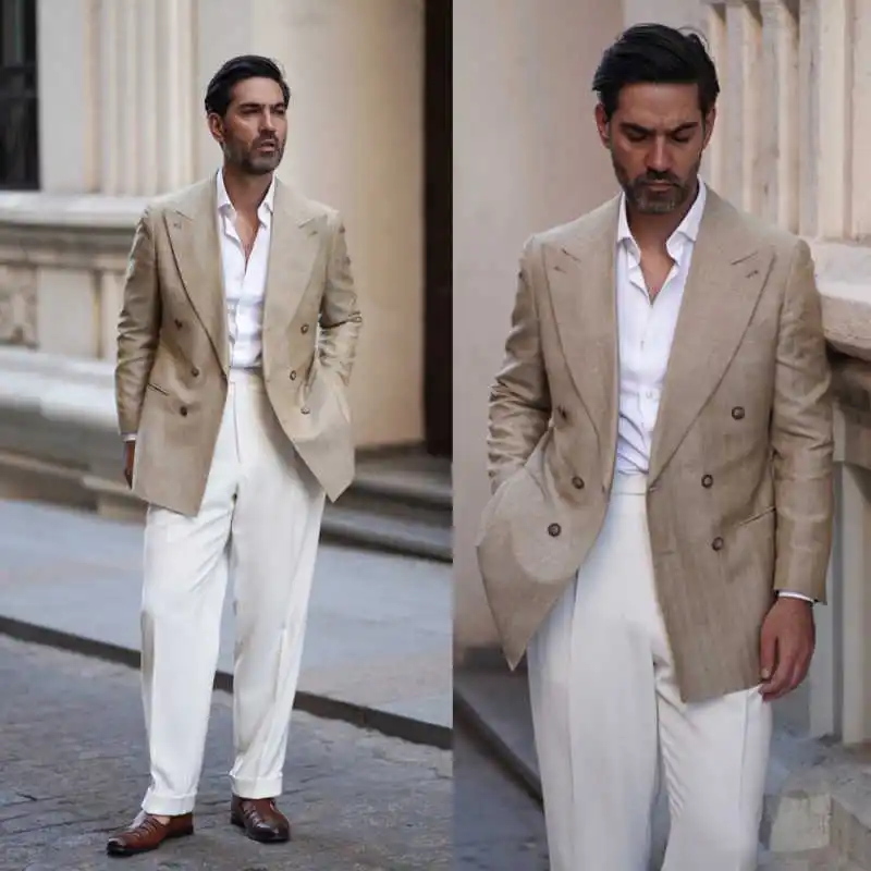 Spring And Summer Men's Cotton Linen Blend Blazer 1 Piece Double Breasted Breathable Jacket Casual Occasion Office Commuting