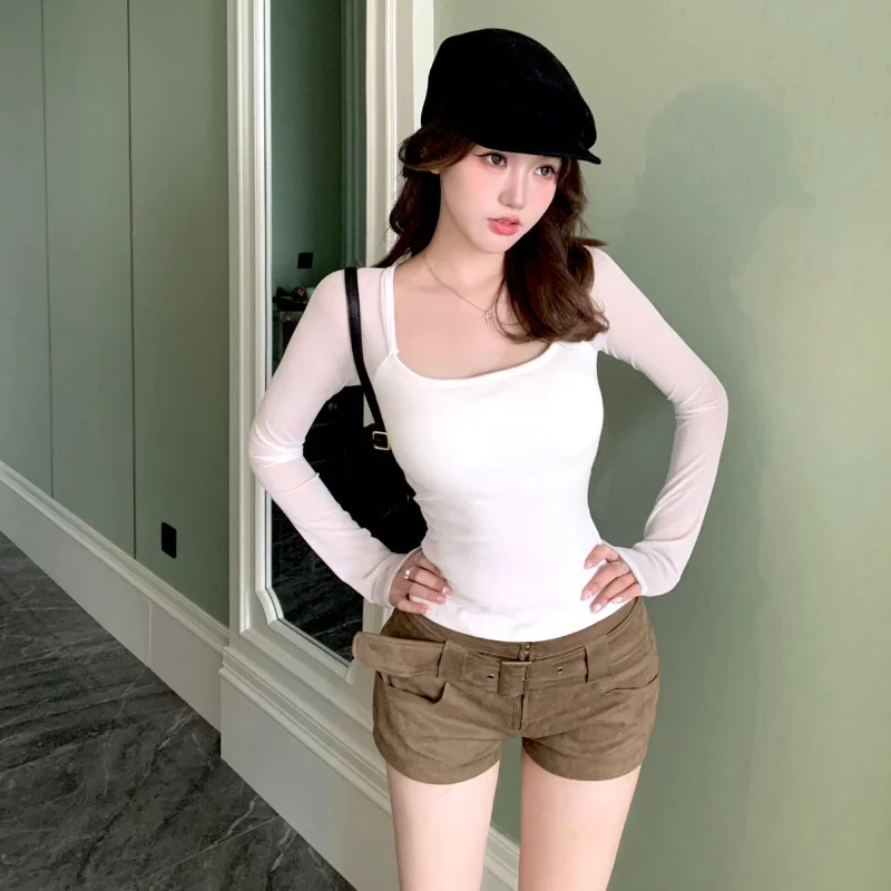 Slim Fit Long Sleeve T-Shirt Women's Mesh Splicing Design Sensation Pure Desire Style Autumn New Arrival Casual Wear Polyeste...