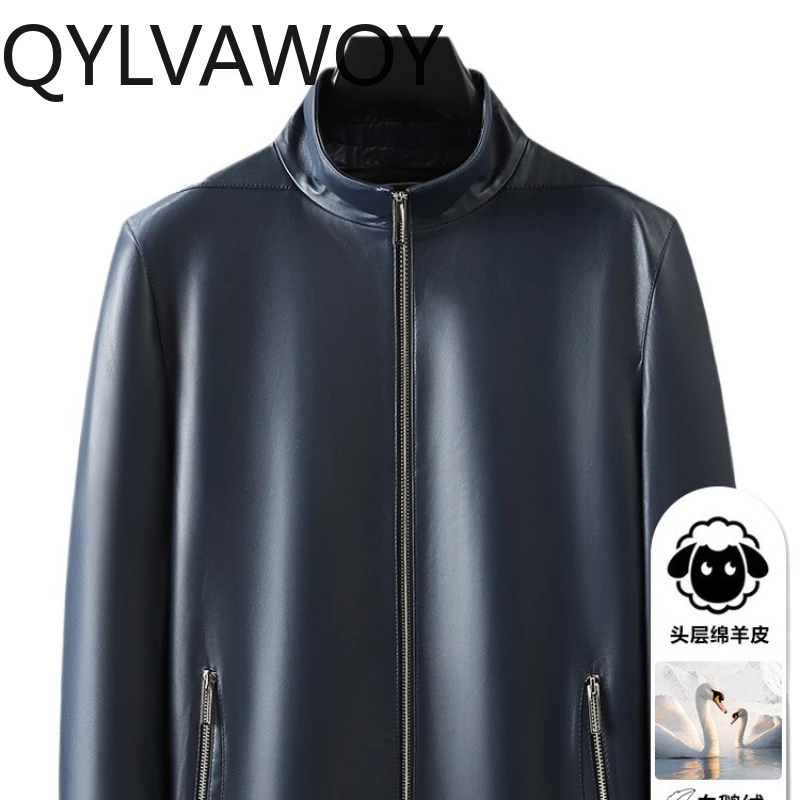 QYLVAWOY 2025 شتاء جديد سترة جلدية حقيقية للرجال سترة جلدية سميكة قابلة للإزالة أوزة أسفل الوقوف طوق ملابس خارجية زرقاء LJ2635